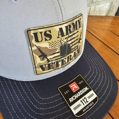 Army Veteran Leather Patch Trucker Hat, Richardson 112, US Army Veteran Camo Hat, Military Gift, Flag, Dad Gift, Army Cap, Laser Engraved