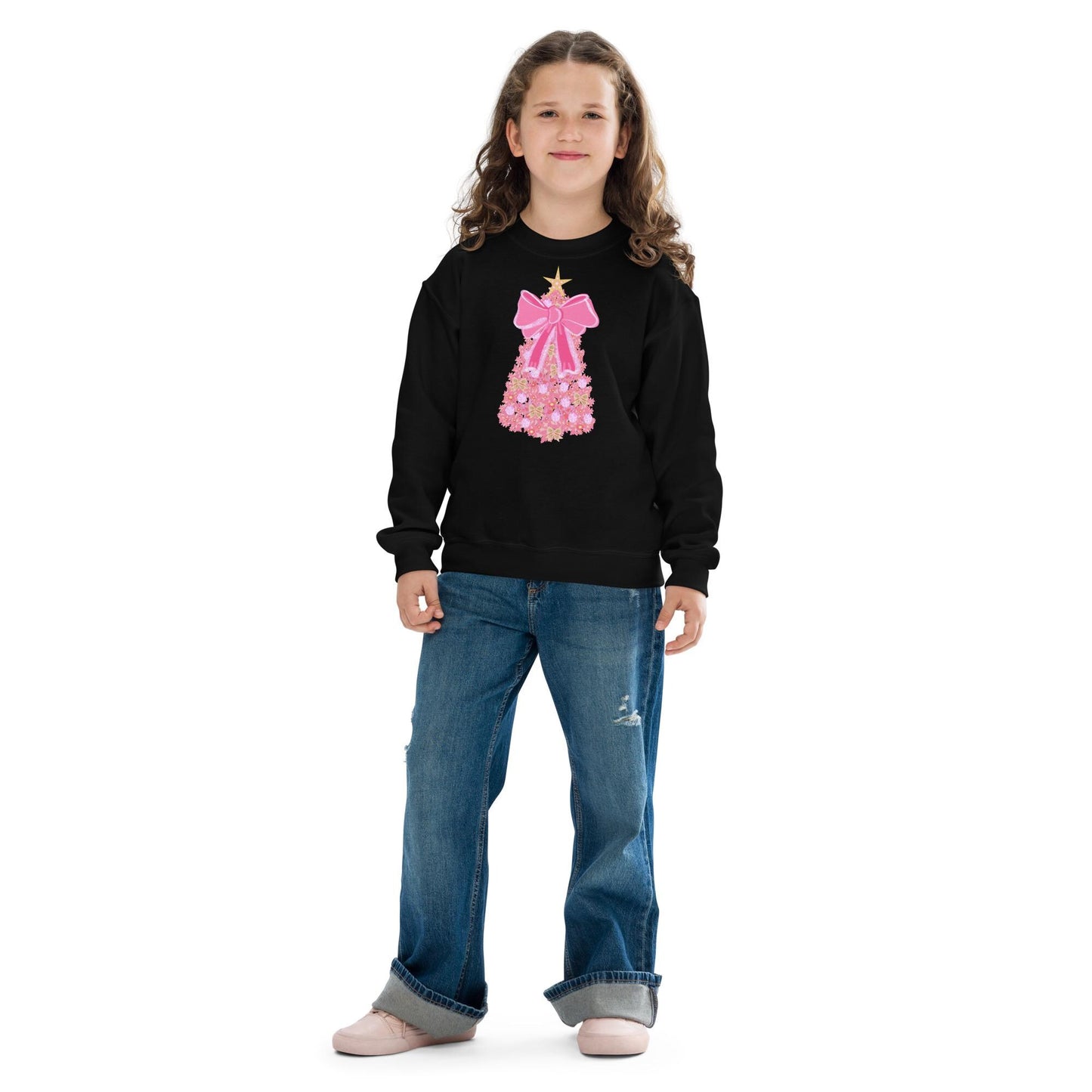 Kids Pink Christmas Tree Bow Sweatshirt, Christmas Sweatshirt for Children, Christmas Tree shirt, Christmas Coquette Christmas Shirt
