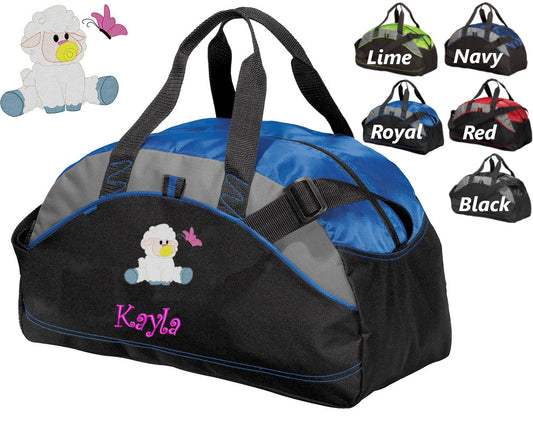 Personalized Kids Duffel Bag Gym School PE Contrast Piping and Stitching Embroidered with Lamb Sheep and Name or Text of Your Choice