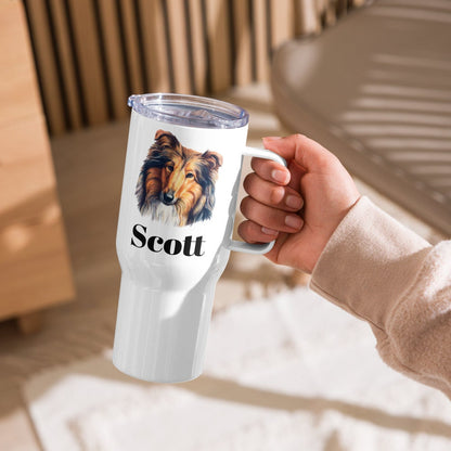 Custom Collie Sheltie Dog Travel Mug Tumbler with Handle, Stainless Steel BPA-free plastic Cup, 25 Ounce Mug, Dad Mom Dog Lover Gift