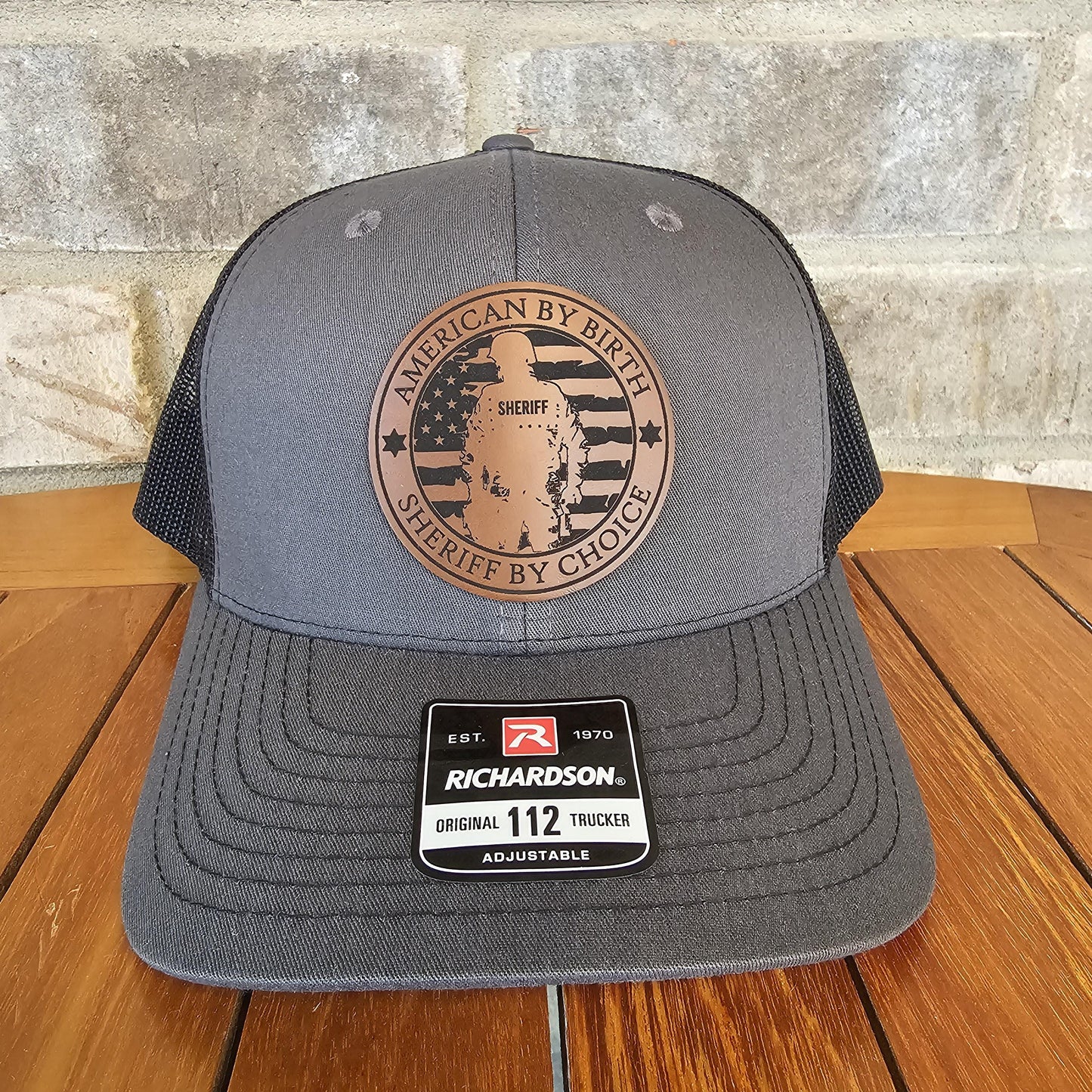 Sheriff Leather Patch Trucker Hat, Richardson 112, Police LEO Gift, American Hat, Deputy Gift, Husband Gift, Laser Engraved