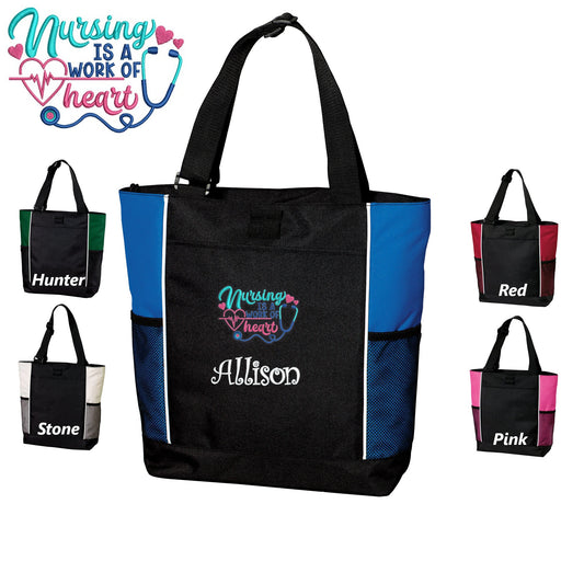 Personalized Canvas Nurse Tote Bag, Work of Heart, Custom Tote, Tote with Zipper, Embroidered Custom Name, Funny Nurse Gift