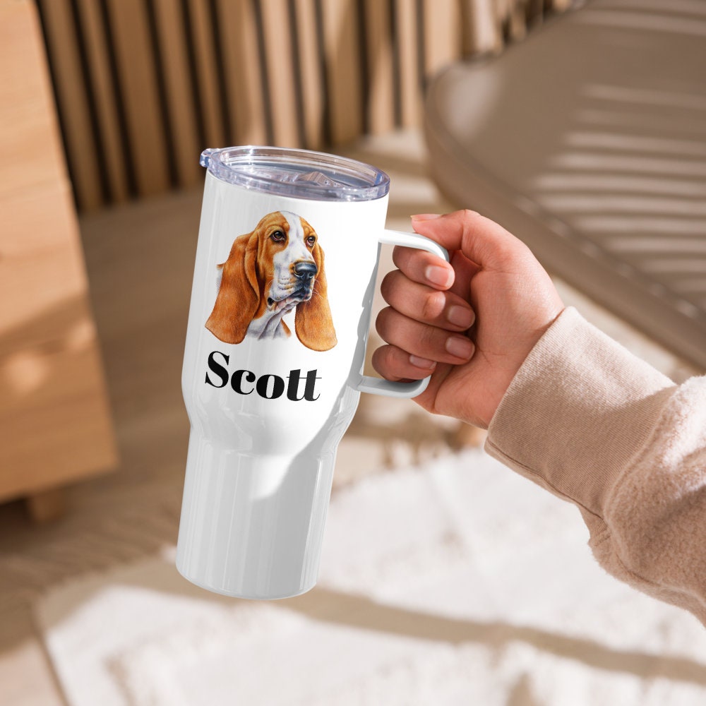 Custom Basset Hound Dog Travel Mug Tumbler with Handle, Stainless Steel BPA-free plastic Cup, 25 Ounce Mug, Dad Dog Lover Gift