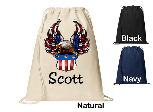 Personalized Eagle Flag Wings Patriotic Cinch Pack, Drawstring Gym School PE Pool Backpack, Printed Monogrammed Custom Name, Perfect Gift