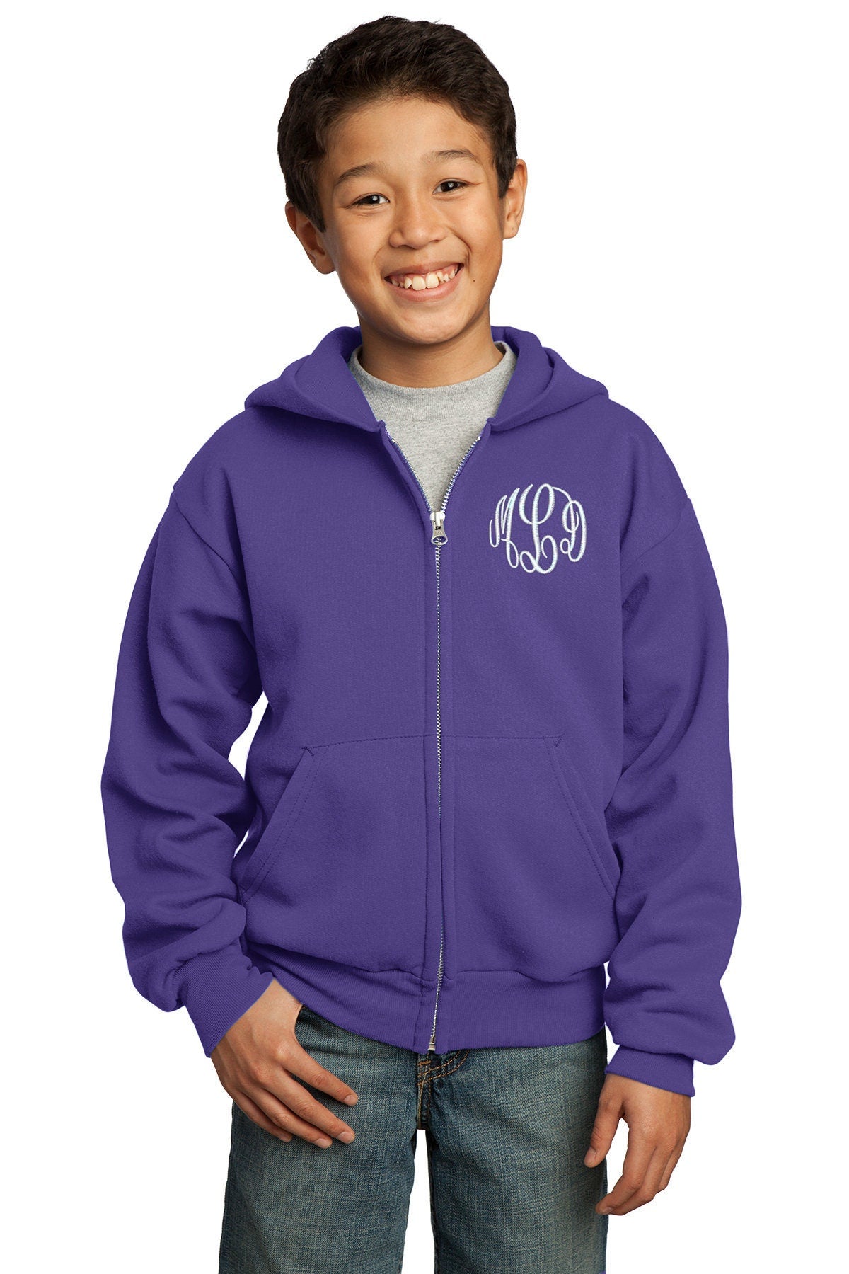Monogrammed Purple Kids Hoodie Sweatshirt Zipper Embroidered with Initials of Your Choice
