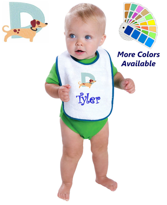 Personalized Baby Bib, White Cotton Terry with Contrast Trim, Letter D, Alphabet, Dog Design, for Boy or Girl, Embroidered Name