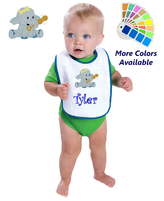 Personalized Baby Bib White Cotton Terry with Contrast Trim Baby Elephant Design for Boy or Girl Embroidered Name
