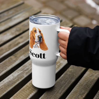 Custom Basset Hound Dog Travel Mug Tumbler with Handle, Stainless Steel BPA-free plastic Cup, 25 Ounce Mug, Dad Dog Lover Gift