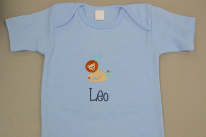 Personalized Baby Onesie Pink Blue Embroidered Letter L Lion Newborn One Piece Body Suit Baby Shower Gift Monogrammed Your Baby's Name