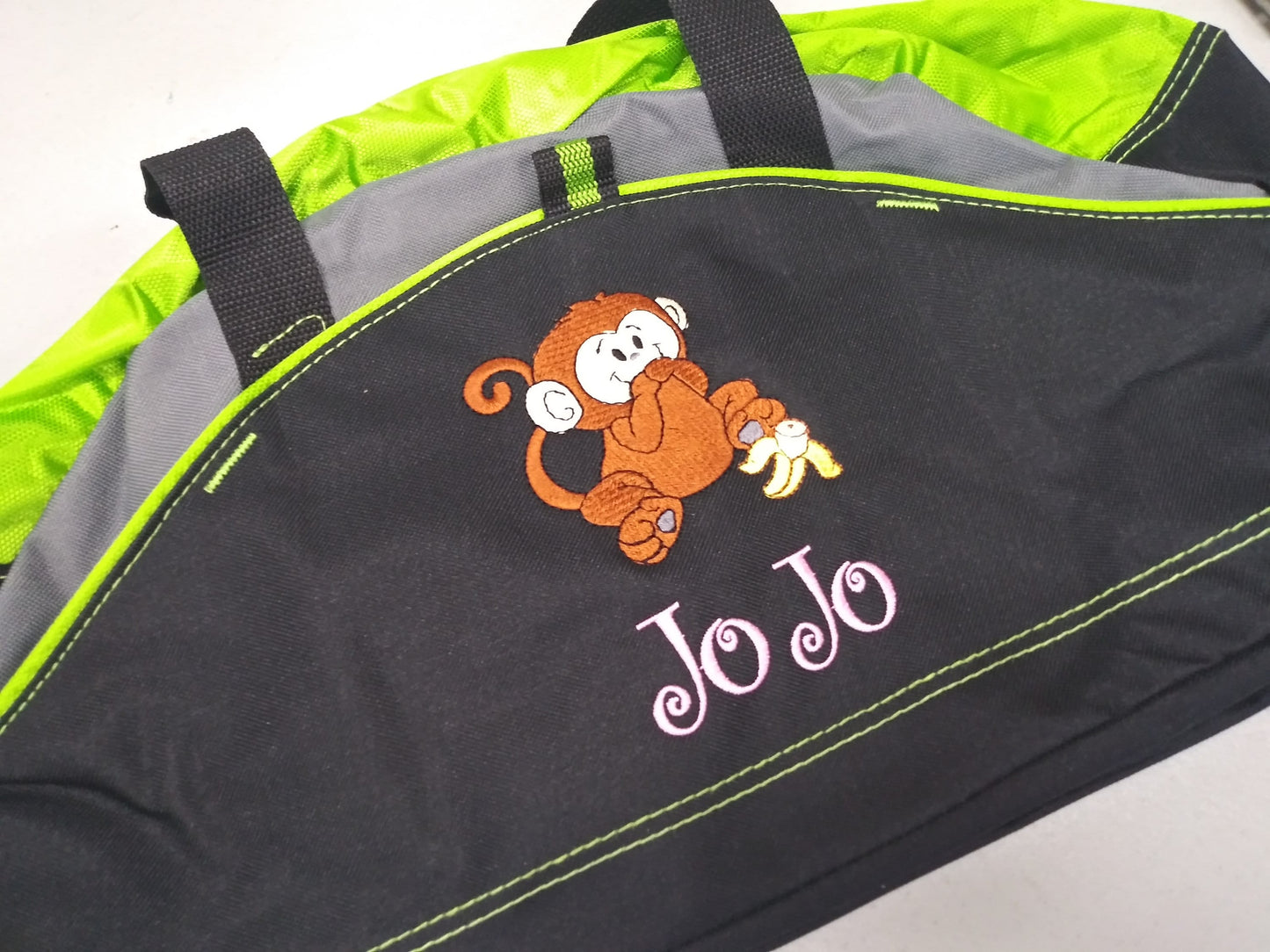 Personalized Kids Duffel Bag Gym Bag School PE Contrast Piping and Stitching Embroidered with Monkey and Name or Text of Your Choice