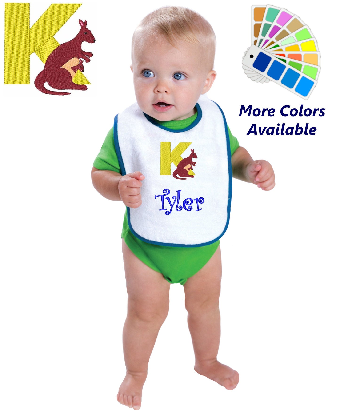 Personalized Baby Bib, White Cotton Terry with Contrast Trim, Letter K, Alphabet, Kangaroo Design, for Boy or Girl, Embroidered Name