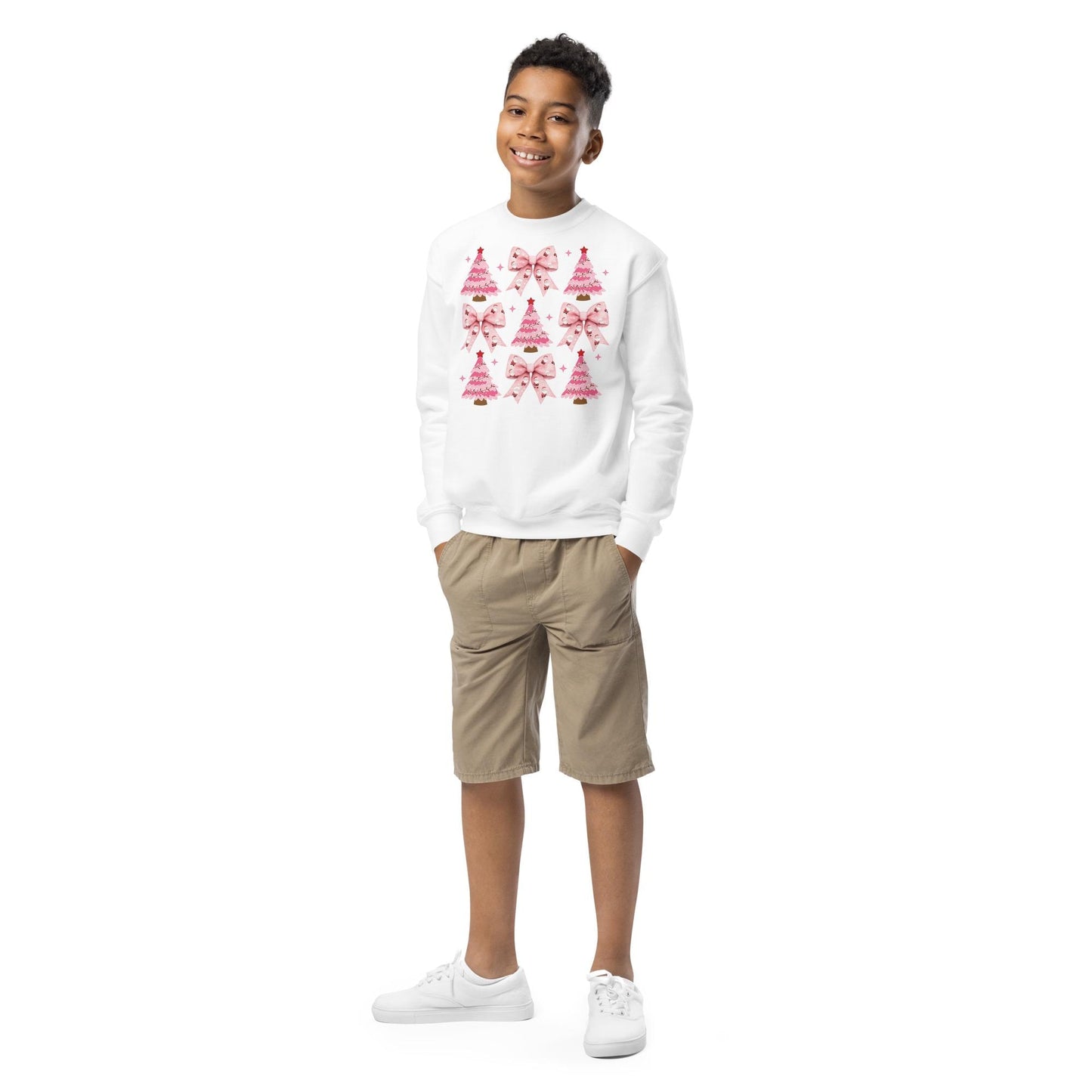 Kids Coquette Christmas Sweatshirt, Pretty Pink Bows, Santas Sweatshirt, Pink Xmas Trees, Festive Holiday Crewneck, Girl Christmas Sweater