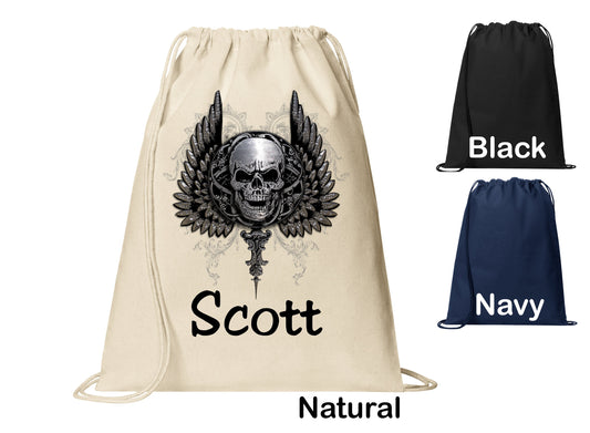 Personalized Goth Skull Wings Biker Design Cinch Pack, Drawstring Gym School Pool Backpack, Printed Monogrammed Custom Name, Perfect Gift