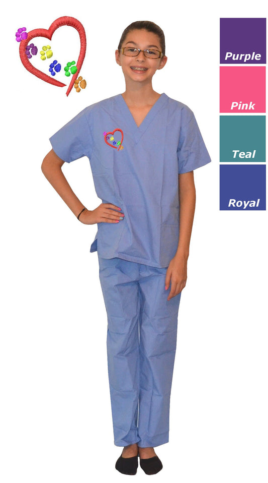 Personalized Kids Veterinarian Scrubs with Heart and Paw Prints Embroidery Design