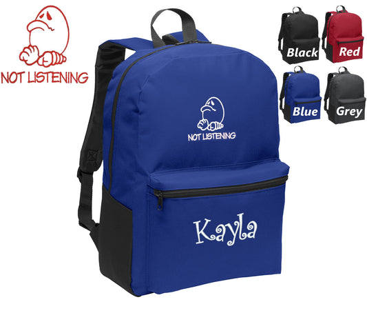 Personalized Kids Backpack Embroidered Not Listening Emoji Monogrammed with Name of Your Choice Perfect Kids School Gift