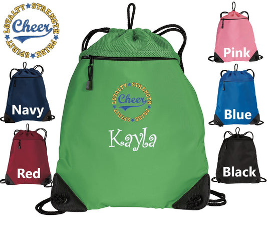 Personalized Cheer Cinch Pack Drawstring Gym School PE Pool Cheerleader Backpack Embroidered Monogrammed Custom Name Perfect Gift