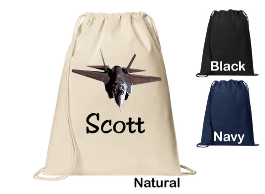 Personalized F35 Fighter Jet Plane Military Cinch Pack, Drawstring Gym School Pool Backpack, Printed Monogrammed Custom Name, Perfect Gift