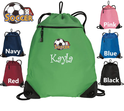 Personalized Kids Cinch Pack Drawstring Gym School PE Pool Backpack Embroidered Soccer Monogrammed with Custom Name Perfect Kids Gift