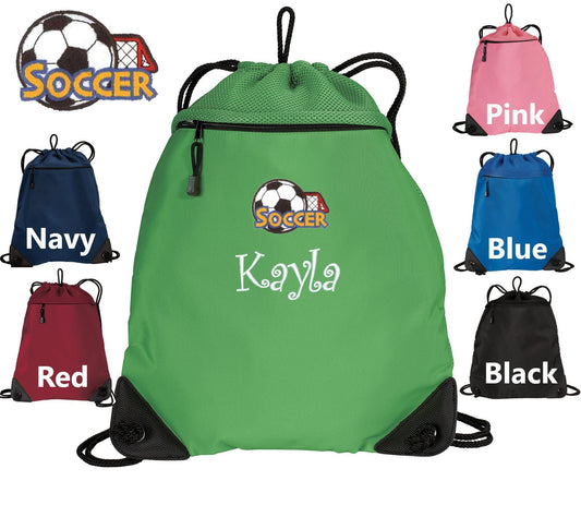 Personalized Kids Cinch Pack Drawstring Gym School PE Pool Backpack Embroidered Soccer Monogrammed with Custom Name Perfect Kids Gift