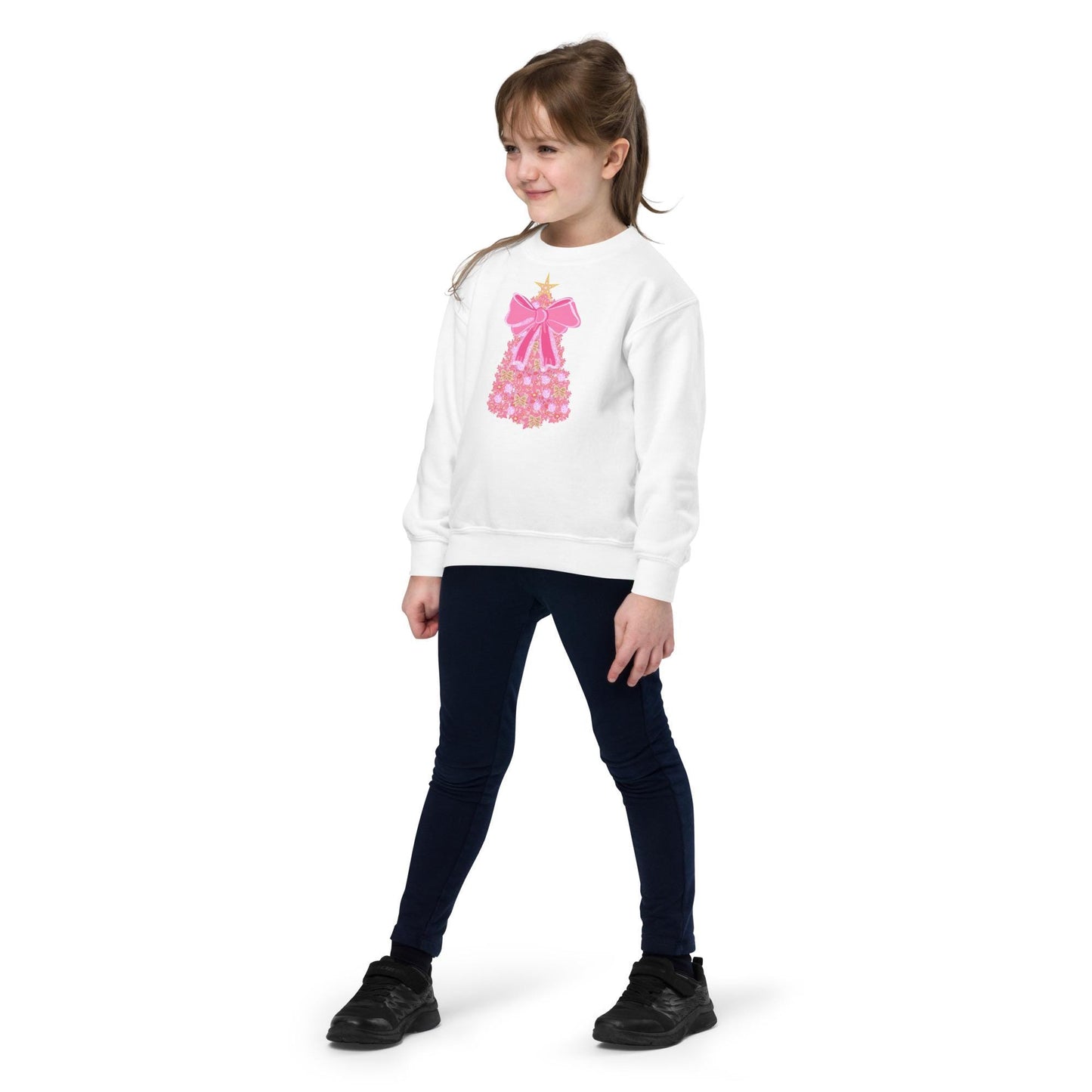 Kids Pink Christmas Tree Bow Sweatshirt, Christmas Sweatshirt for Children, Christmas Tree shirt, Christmas Coquette Christmas Shirt