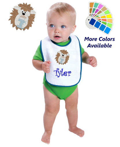 Personalized Baby Bib White Cotton Terry with Contrast Trim Baby Hedgehog Design for Boy or Girl Embroidered Name