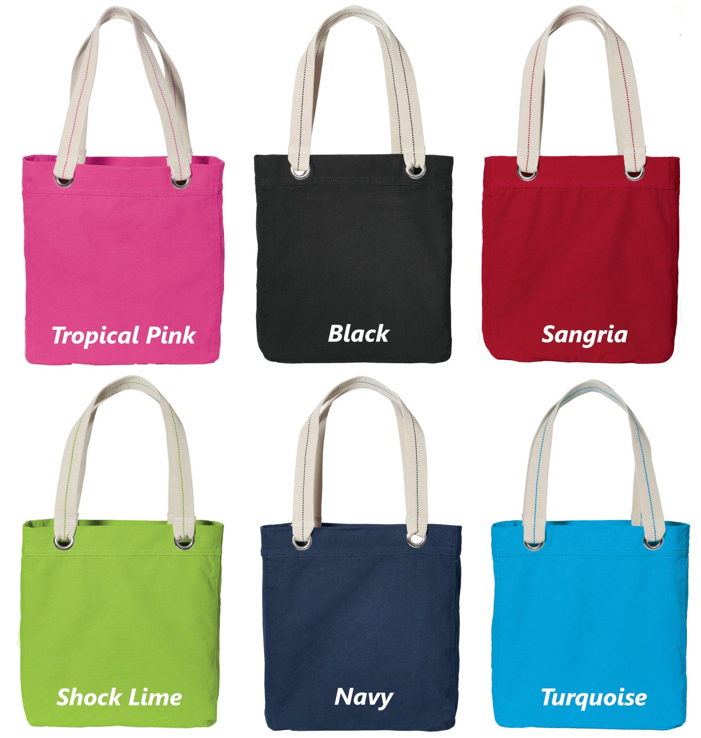Personalized Canvas Tote Bags, Bulk Totes, Bridesmaid Gift, Wedding Party Gift, Contrast Lined, Metal Grommets, Embroidered with Name