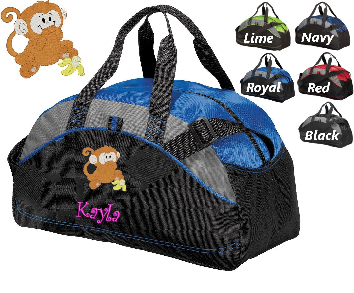 Personalized Kids Duffel Bag Gym Bag School PE Contrast Piping and Stitching Embroidered with Monkey and Name or Text of Your Choice
