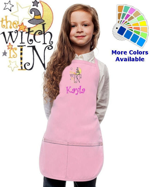 Personalized Kids Halloween Apron with Witch Is In Embroidery Design, Kitchen Cook Gift, School Gift, Funny Gift, Monogrammed, Cooking Party