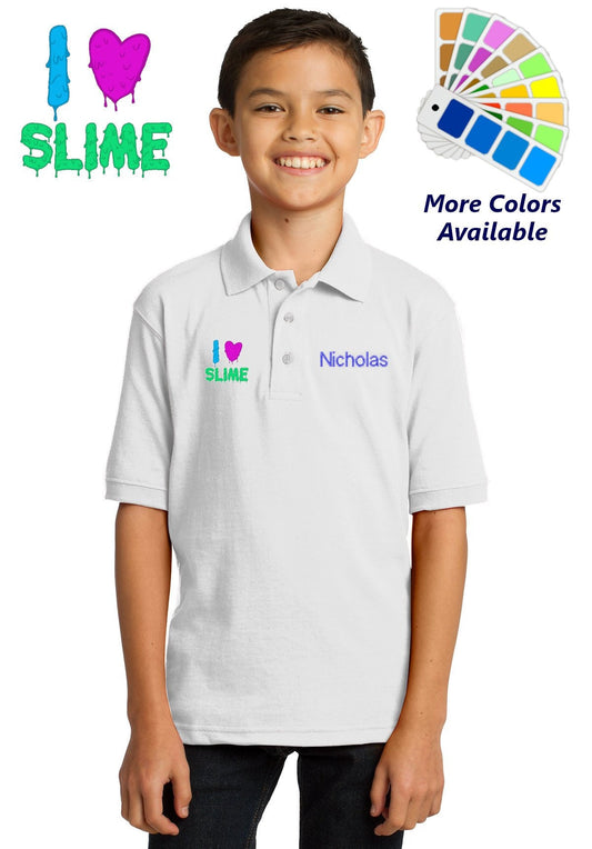 Personalized Kids Polo Shirt Embroidered I Love Slime Monogrammed with a Name or Text of Your Choice