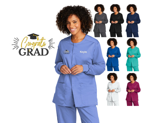 Personalized Unisex Nurse Graduation Scrubs Jacket, Congrats Grad, Custom Embroidered Name, Doctor, Veterinarian, Hospital, Medical Apparel