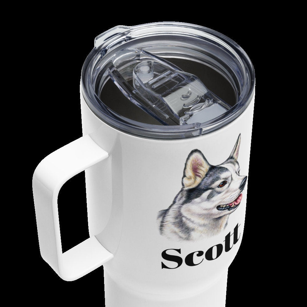 Custom Husky Dog Travel Mug Tumbler with Handle, Stainless Steel BPA-free Cup, 25 Ounce Mug, Dad Mom Dog Lover Gift
