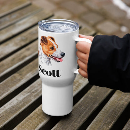 Custom Jack Russell Terrier Dog Travel Mug Tumbler with Handle, Stainless Steel BPA-free Cup, 25 Ounce Mug, Dad Mom Dog Lover Gift