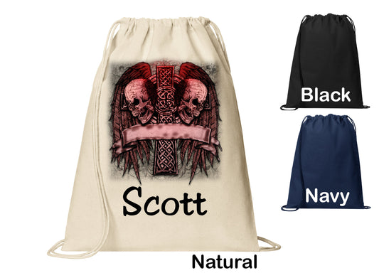 Personalized Goth Skull Wings Cross Design Cinch Pack, Drawstring Gym School Pool Backpack, Printed Monogrammed Custom Name, Perfect Gift