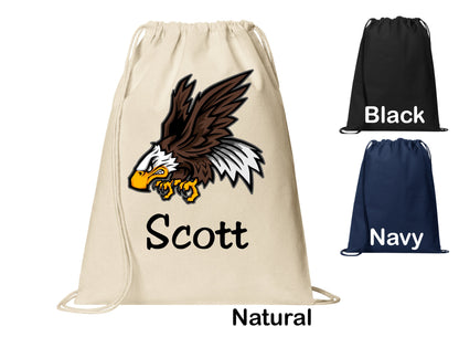 Personalized Eagle Mascot Patriotic Sports Cinch Pack, Drawstring Gym School PE Pool Backpack, Printed Monogrammed Custom Name, Perfect Gift