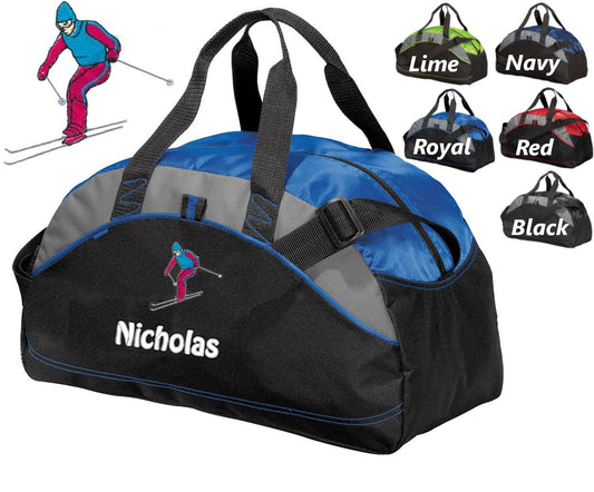 Personalized Kids Duffel Bag, Ski Skier Design, Gym Bag, School Sports, Contrast Stitching, Embroidered Name, Ski Gift