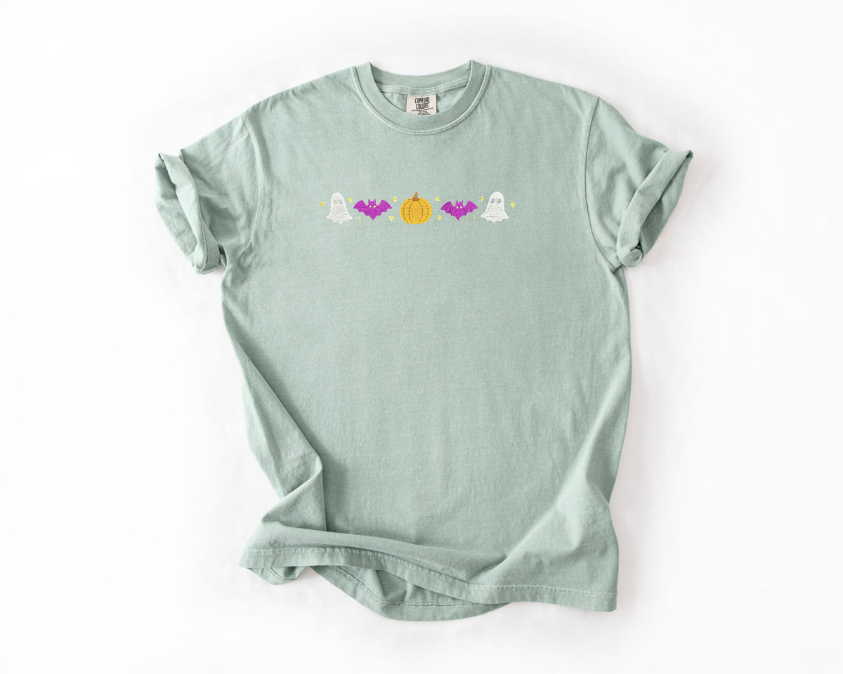 Embroidered Halloween T shirt, Icons Design, Comfort Colors, Retro Style with Name, Fall shirt, Monogrammed, Women Unisex Tee