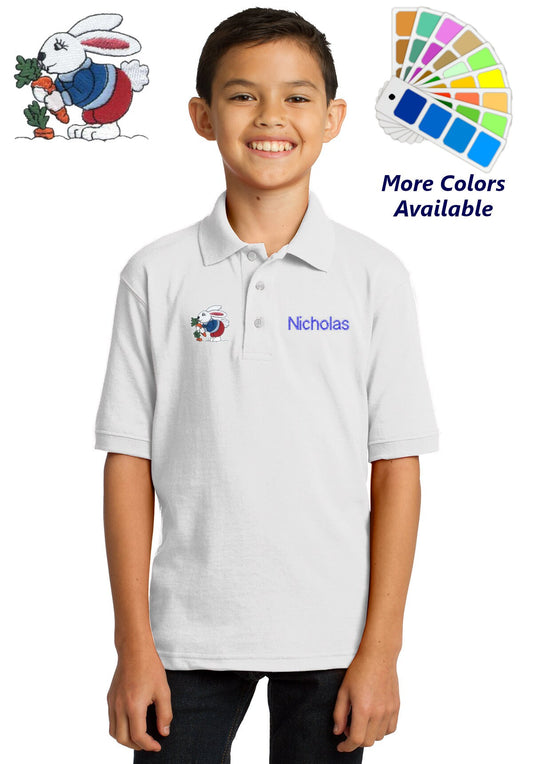 Personalized Kids Polo Shirt Embroidered Peter Cottontail Bunny Rabbit Monogrammed with a Name or Text of Your Choice