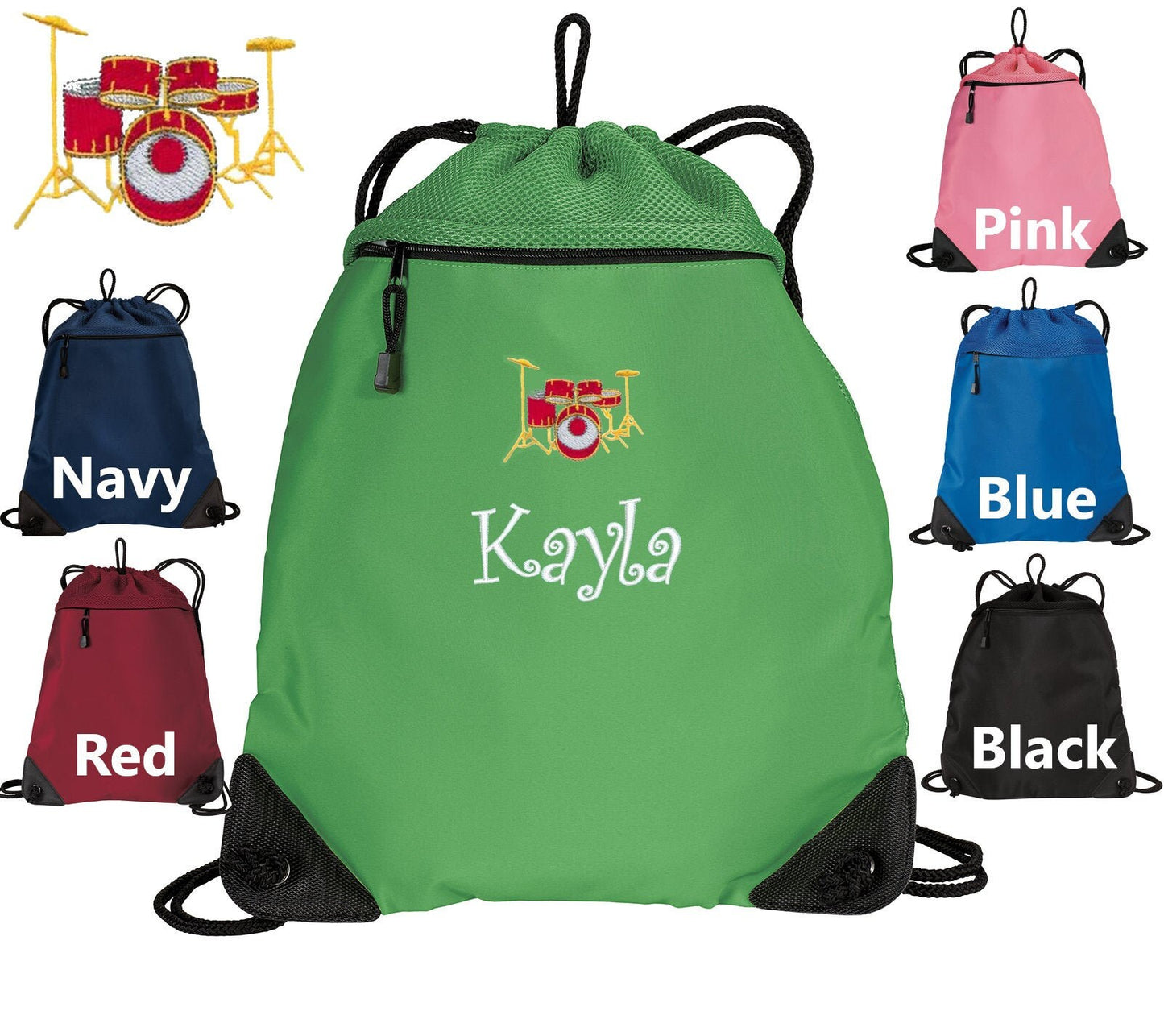 Personalized Kids Cinch Pack Drum Set Design, Drawstring Gym School PE, Pool Backpack, Monogrammed Custom Name, Perfect Kids Band Gift