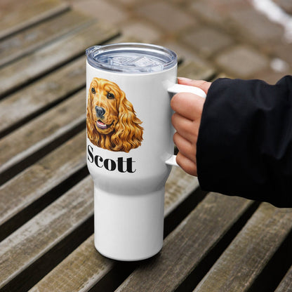 Custom Cocker Spaniel Dog Travel Mug Tumbler with Handle, Stainless Steel BPA-free plastic Cup, 25 Ounce Mug, Dad Mom Dog Lover Gift