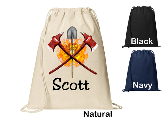 Personalized Firefighter Axe Shovel Cinch Pack, Drawstring Gym School Pool Backpack, Printed Monogrammed Custom Name, Perfect Gift