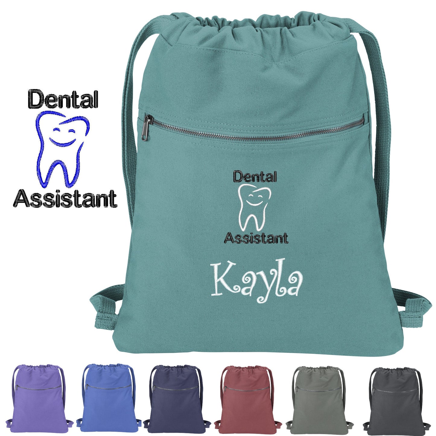 Personalized Dental Assistant Cinch Pack Gift, Embroidered Happy Tooth Design, Drawstring School, Pool Backpack, Monogrammed Custom Name