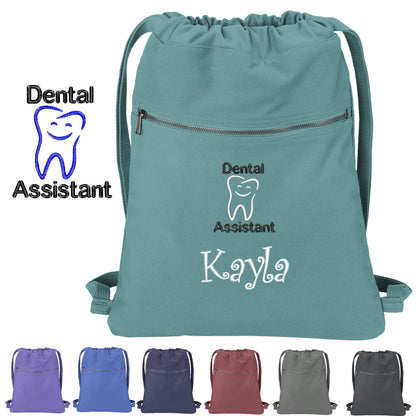 Personalized Dental Assistant Cinch Pack Gift, Embroidered Happy Tooth Design, Drawstring School, Pool Backpack, Monogrammed Custom Name