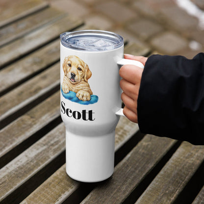 Custom Golden Retriever Puppy Dog Travel Mug Tumbler with Handle, Stainless Steel BPA-free Cup, 25 Ounce Mug, Dad Mom Dog Lover Gift