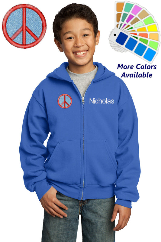 Personalized Kids Hoodie Sweatshirt Zipper Embroidered Peace Sign Design with a Name of Your Choice
