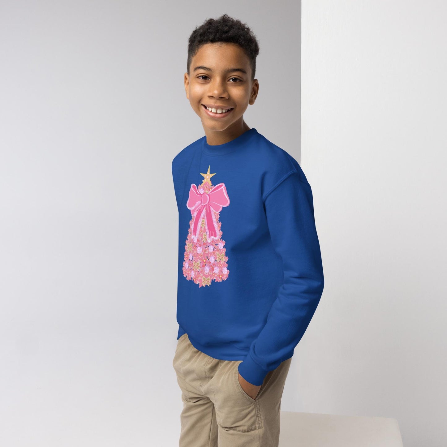 Kids Pink Christmas Tree Bow Sweatshirt, Christmas Sweatshirt for Children, Christmas Tree shirt, Christmas Coquette Christmas Shirt