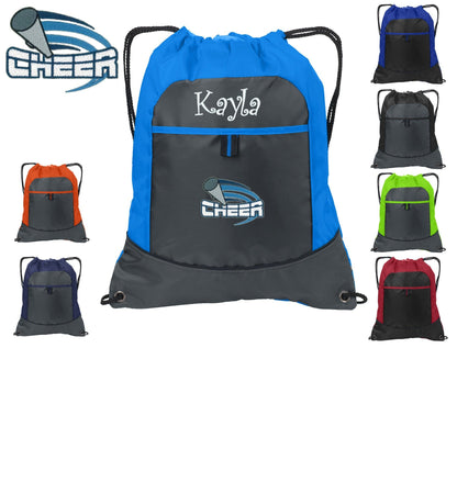Personalized Cheerleader Cinch Pack Drawstring, Cheer Design, Gym School PE Pool Backpack Embroidered Monogrammed Custom Name School Gift