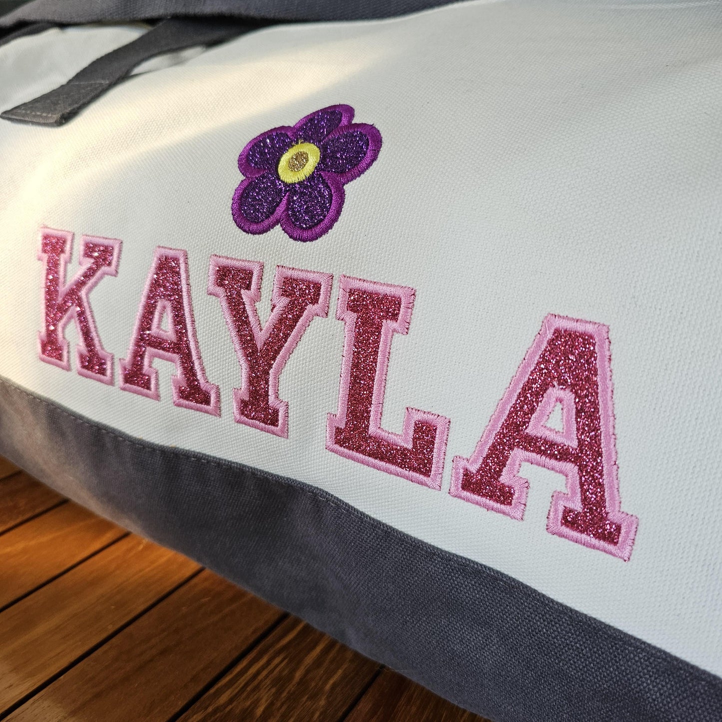 Personalized Cotton Duffel Bag, Glitter Flower Applique Gym School PE Pool Bag, Embroidered, Monogrammed Custom Name, Kids Gift School Gift