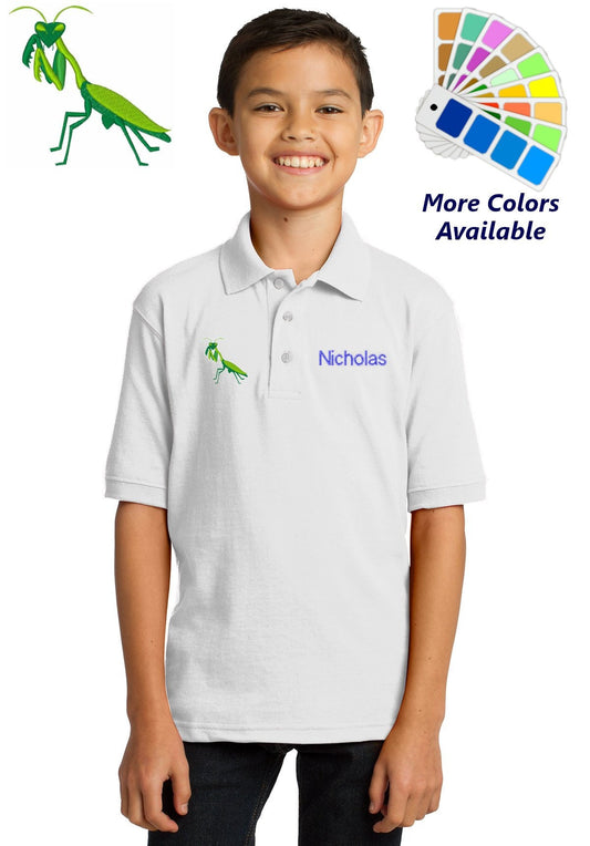 Personalized Kids Polo Shirt Embroidered Praying Mantis Bug Monogrammed with a Name or Text of Your Choice