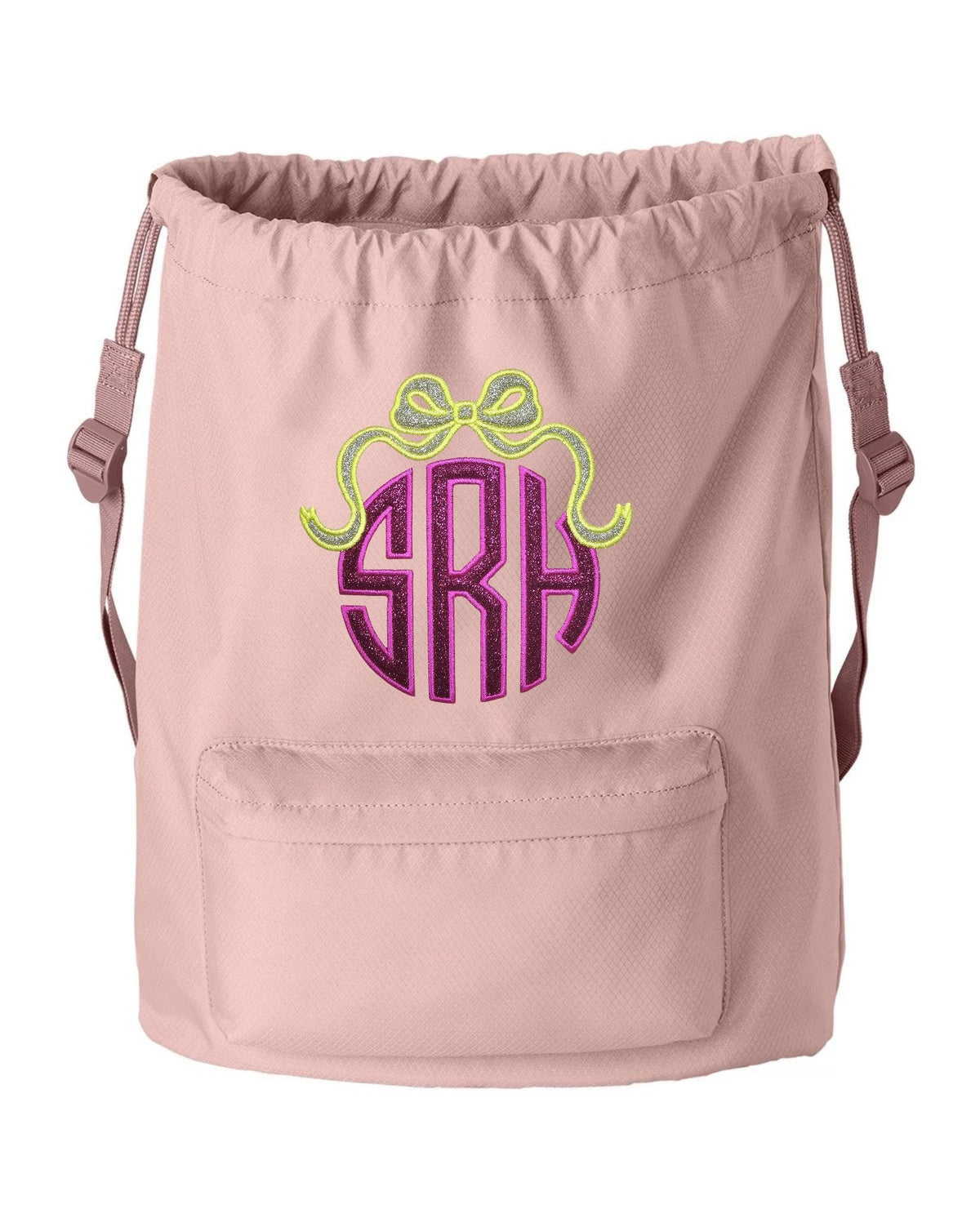 Monogrammed Cinch Pack, Embroidered Glitter Applique, Pastel Drawstring Gym School PE Pool Backpack, Diamond Fabric, Custom Name, Bridesmaid