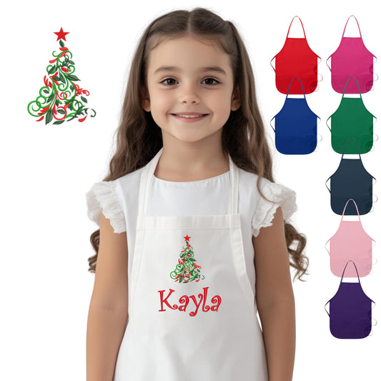 Personalized Kids Christmas Tree Apron, Embroidered Name, Monogrammed Chef Uniform, Chef Gift, Cooking Party, Art Party, School Smock